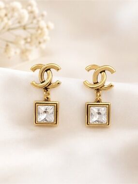 CHANEL Gold-Tone CC Drop Earrings with Clear Square Crystal
